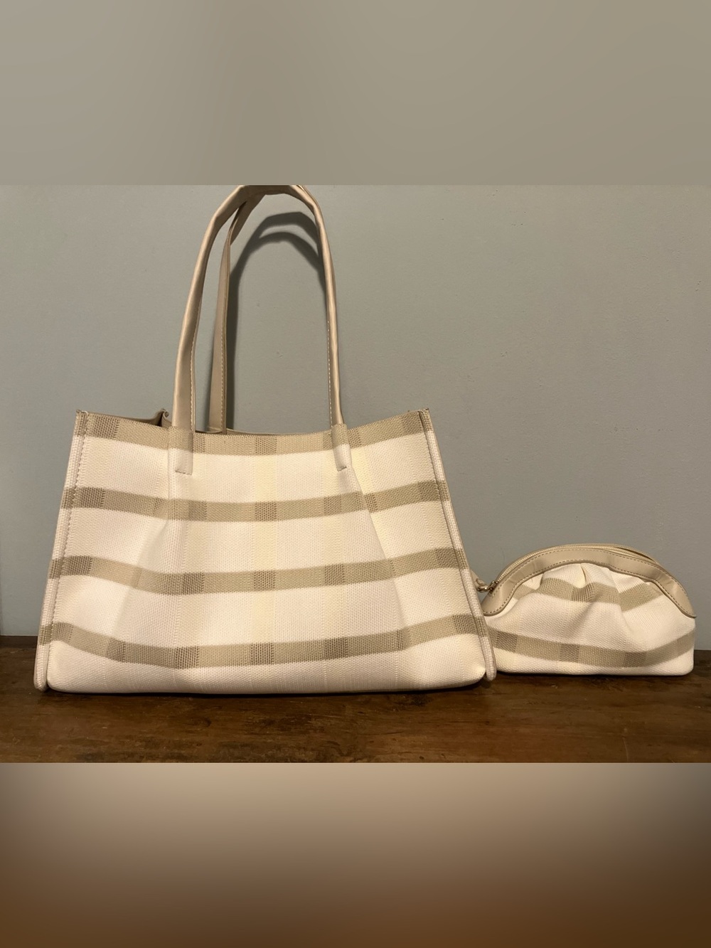 Neiman Marcus Ecru Stripe Woven Tote & Small Zip Pouch